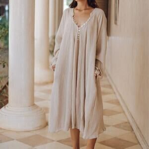 Myrah Penaloza Maxi Dress Women One Size Tan Bamboo Rayon Boho V-Neck Pockets